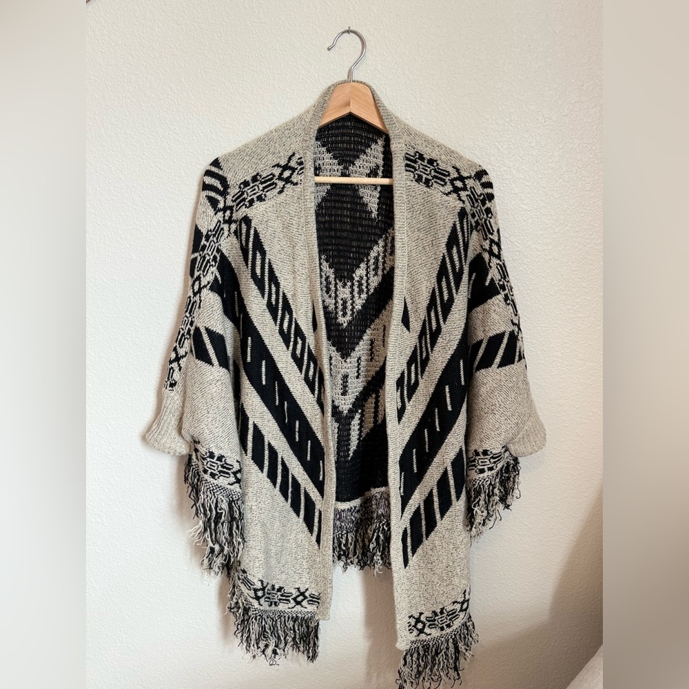 Black and Gray Boho Aztec Fringe Cardigan